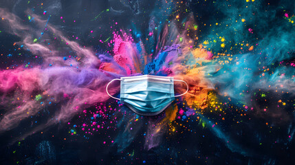 Top view of colorful Holi powder with multicolored medical mask Holi paint on a dark background design