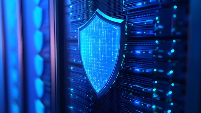 Close-up of a secure server room with blue lights and a digital shield symbolizing cybersecurity and data protection.