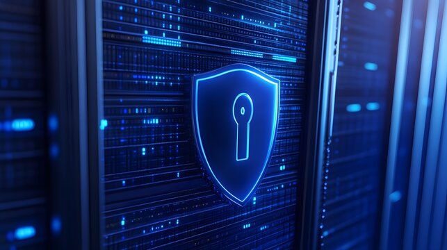 Close-up of a secure server room with digital lock icon, representing cybersecurity and data protection in a modern IT environment.