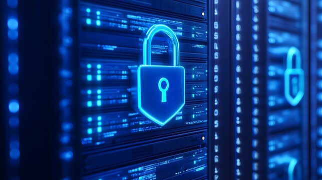 Close-up of a secure server room with illuminated padlock icons, representing cybersecurity and data protection.