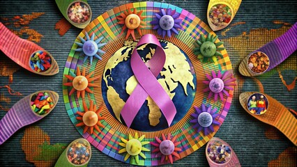 A pink ribbon surrounding a globe surrounded by colorful flowers and a world map.
