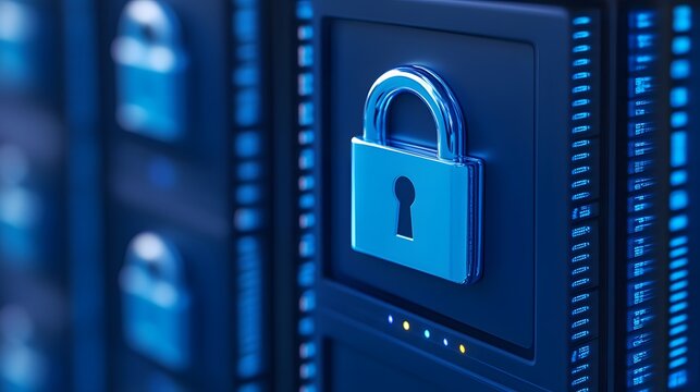 Close-up of a secure server with a padlock symbolizing data protection, cybersecurity, and information safety in a digital environment.