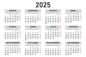 Classic horizontal calendar 2025 in Spanish. Days, weeks and months. Print, vector