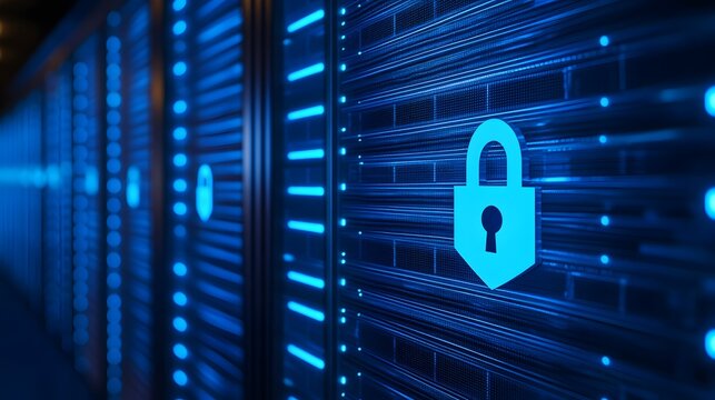 Close-up of secure server racks with blue padlock icons, illustrating data safety and cybersecurity in modern data centers.