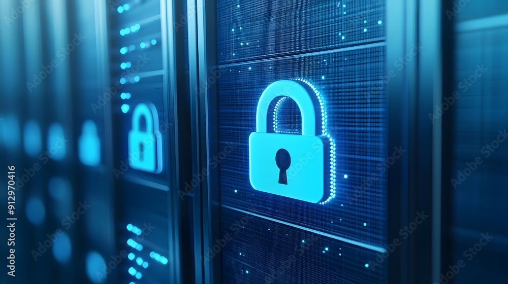 Aufkleber close-up of secure server with digital lock icon representing cybersecurity. blue glowing padlock sy