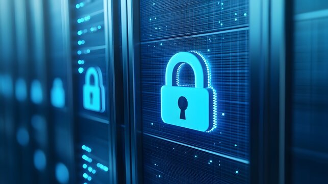 Close-up of secure server with digital lock icon representing cybersecurity. Blue glowing padlock symbolizing data protection and online security.