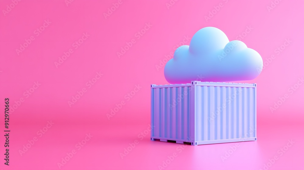 Poster cloud and shipping container concept against a pink background, symbolizing cloud computing and mode
