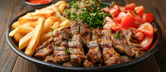 Fototapeta premium A plate of food with meat, potatoes, and vegetables