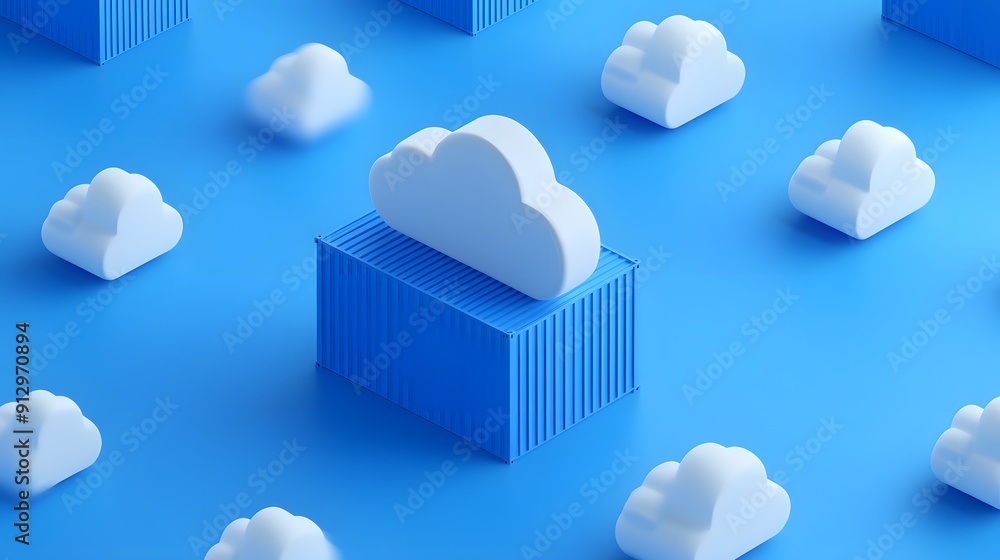 Poster cloud computing concept with 3d rendering of clouds and containers on a blue background, representin