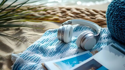 Relaxing beach scene featuring headphones, woven blanket, and travel photos, perfect for vacation and leisure concepts.