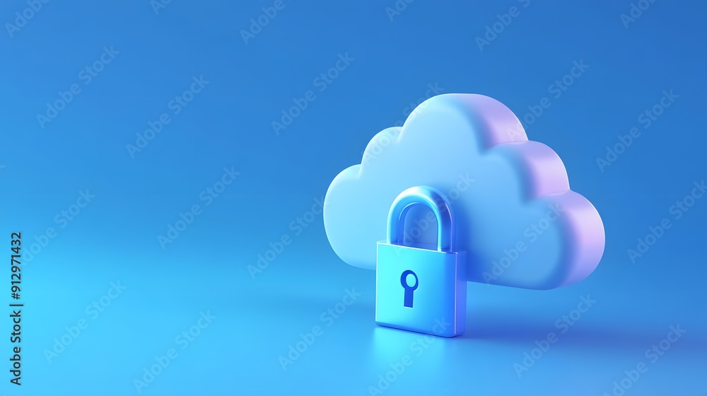 Poster cloud computing security concept with a cloud symbol and a padlock on a blue background, symbolizing