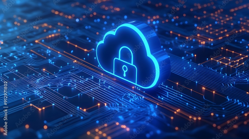 Poster cloud computing security concept with padlock. secure cloud data storage representation with digital
