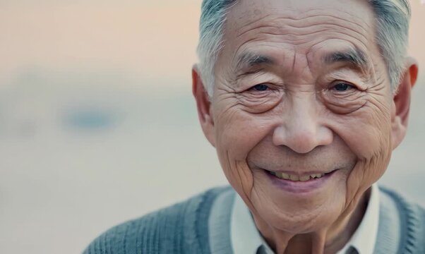 Close-up portrait of a Chinese man in his 80s in a pastel or soft colors background wearing a chic cardigan