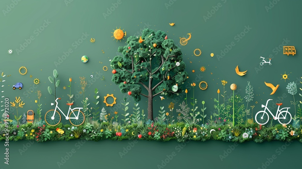Poster tree with renewable energy and ecofriendly transport symbols minimalistic flat green background styl
