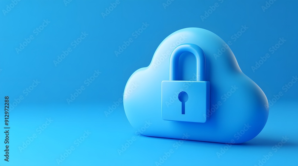 Poster cloud security concept featuring a blue cloud icon with a padlock, emphasizing data protection and p