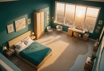 Teal Interior Bedroom with Bed, Lamp, Carpet, Window, Table, and Chair