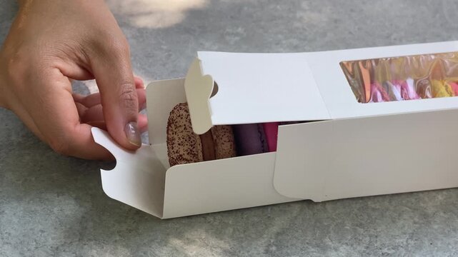French macaroon sandwich cookies filled with buttercream in box. Woman opening box of macarons at a table in street cafe