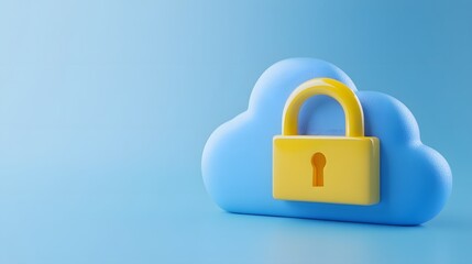 Fototapeta premium Cloud security concept with a blue cloud symbol and yellow padlock on a light blue background, representing data protection and privacy.