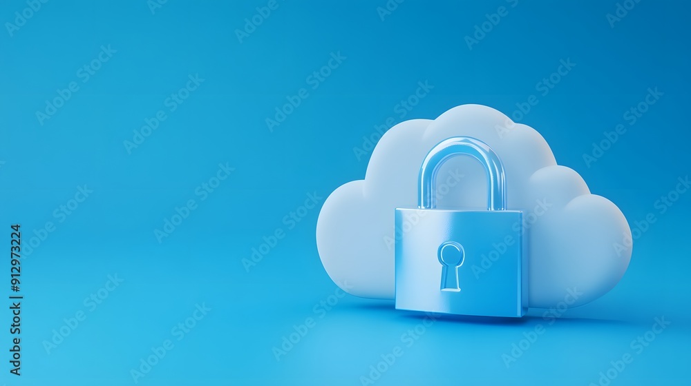Poster cloud security concept with a blue padlock in front of a white cloud on a blue background symbolizin