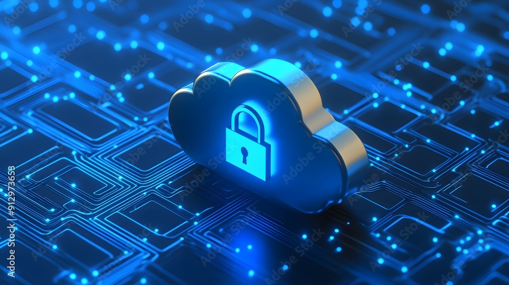 Poster cloud security concept with a glowing lock icon on a digital circuit board, representing data protec