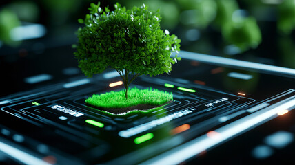 A conceptual image of a digital screen showing a vibrant green landscape emerging from pixels, representing the potential of technology to promote environmental sustainability.