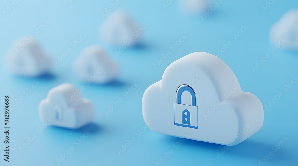 Poster cloud security concept with blue lock symbol in digital clouds representing data protection and onli