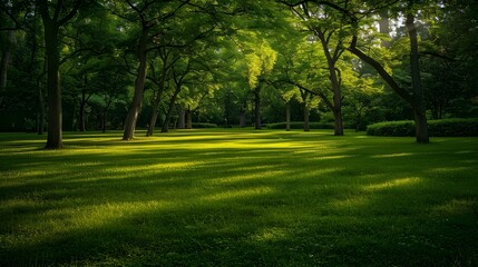 Obraz premium Serene park with lush green trees.