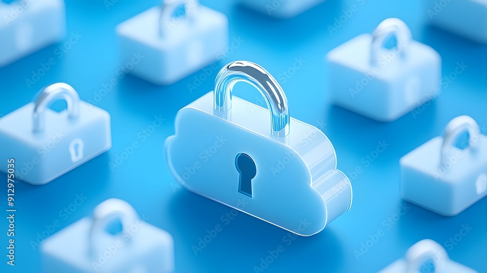 Poster cloud security concept with multiple cloud lock icons symbolizing data protection in a digital envir