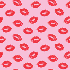 Seamless pattern of red puckered lips on a pink background; perfect for beauty and romantic designs. Keywords: lips, red, pink, pattern, kiss, print