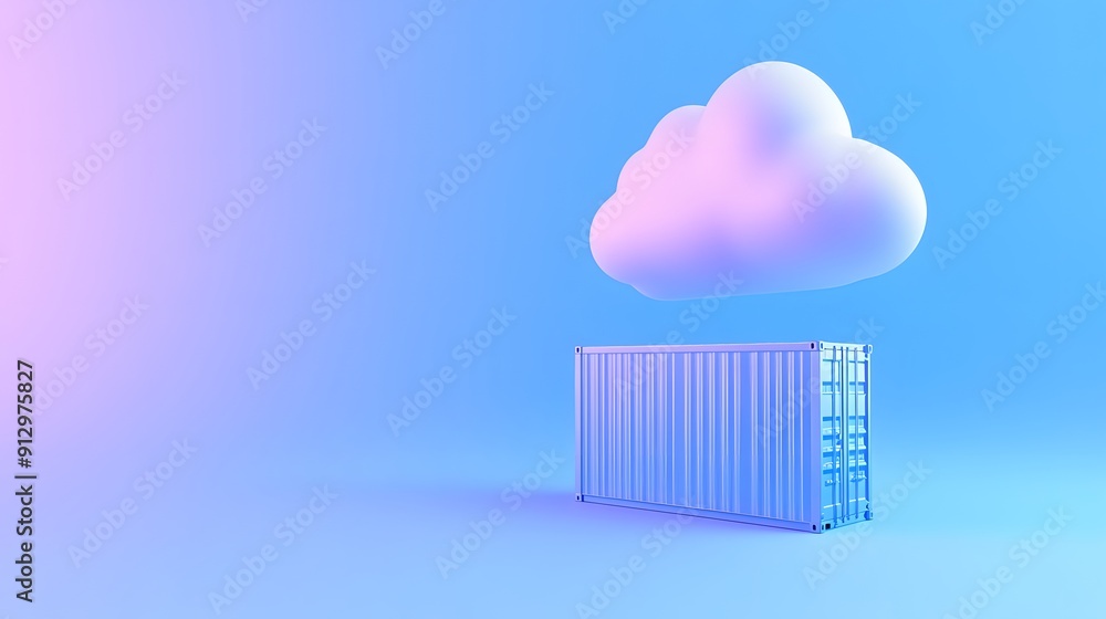 Poster colorful 3d illustration of a cloud above a shipping container, representing cloud computing and dat