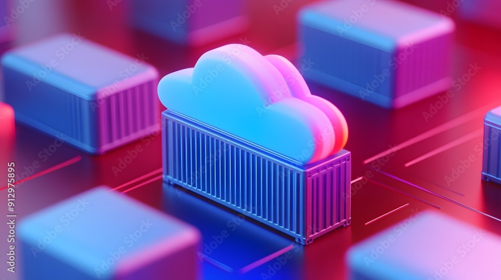 Poster colorful 3d illustration of cloud computing and containerization technologies with vibrant cloud ico