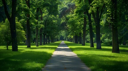 Fototapeta premium Serene green park with winding road and sunlight, Sunlight filters through the trees park, Serene park landscape with sunlit path and trees.