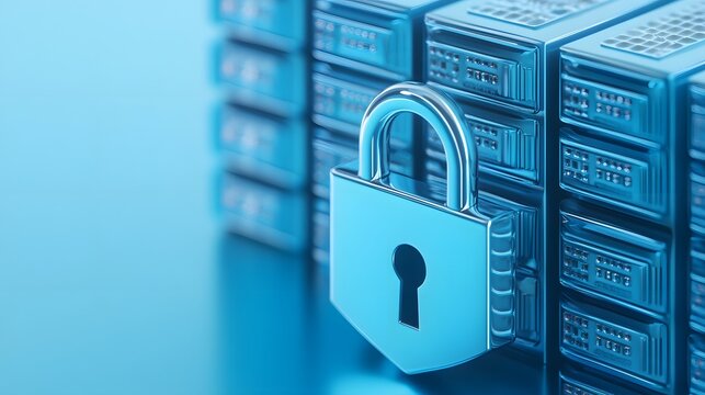 Cyber security concept with a padlock securing server racks. Data protection and online safety in digital storage.