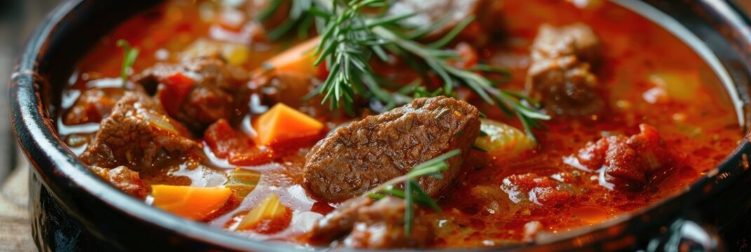 Close up of traditional Hungarian goulash soup cooked in a bogracs in a bowl