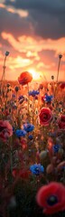 Obraz premium Many red and blue flowers in a field, Nature background, Vertical background