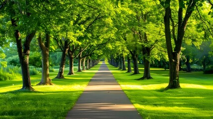Fototapeta premium Serene green park with winding road and sunlight, Sunlight filters through the trees park, Serene park landscape with sunlit path and trees.