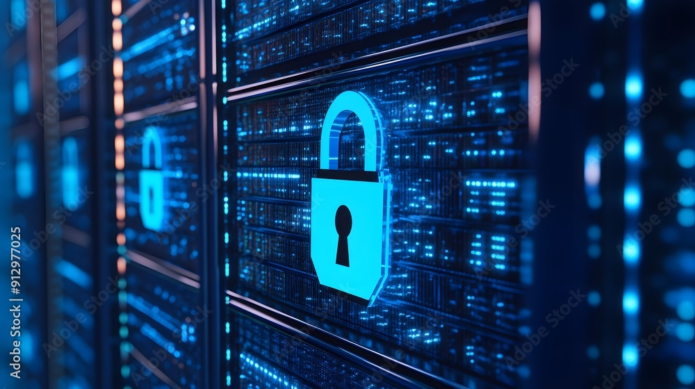 Poster cybersecurity concept with digital padlocks on server racks. represents data protection, encryption,