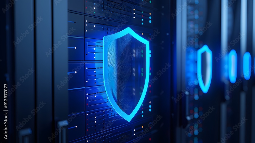 Poster cybersecurity concept with glowing shield icons on server racks, representing data protection and in