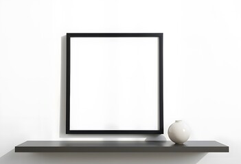 A blank white framed canvas on a white shelf with a small vase