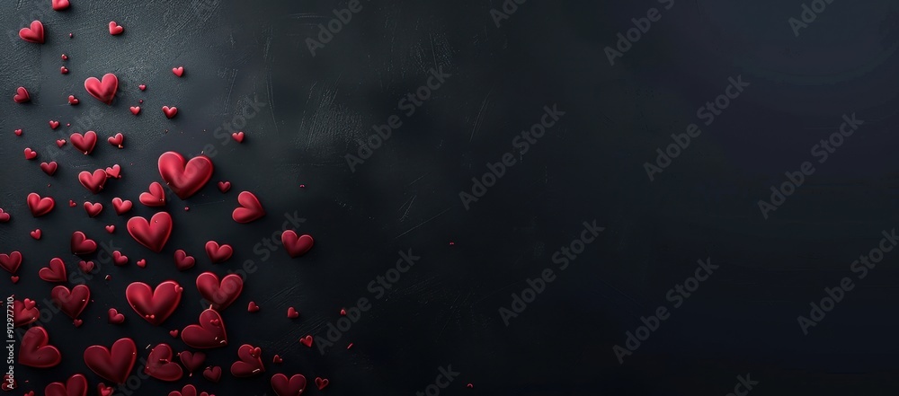 Poster a black background with red hearts in the upper left corner, forming an abstract pattern generative 