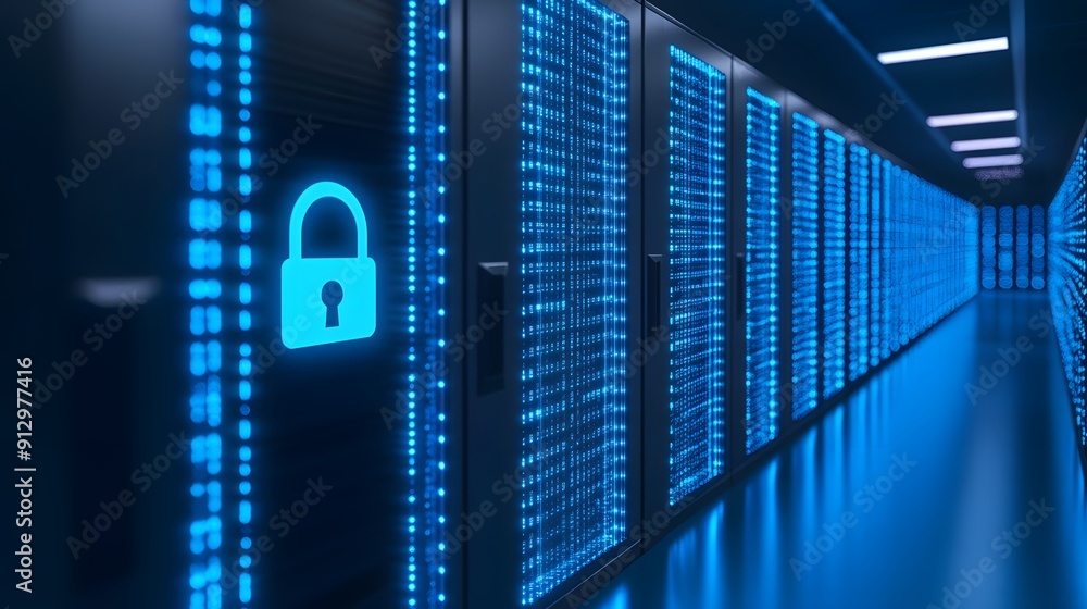 Poster data center with blue lighting emphasizing data security and network protection, featuring secure se