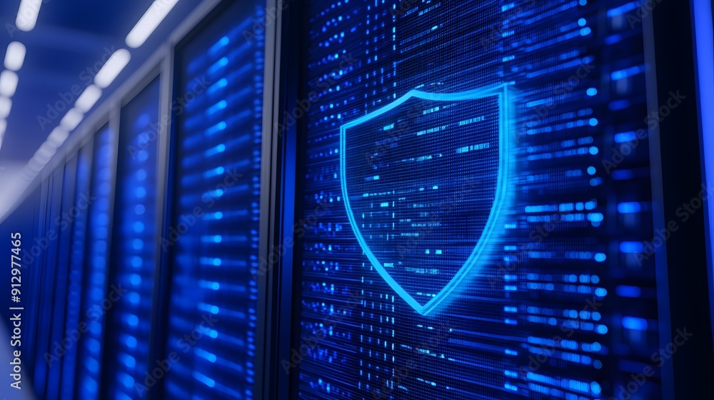 Poster data center server rack with glowing shield symbol, representing network security and data protectio