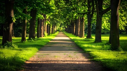 Serene green park with winding road and sunlight, Sunlight filters through the trees park, Serene park landscape with sunlit path and trees.