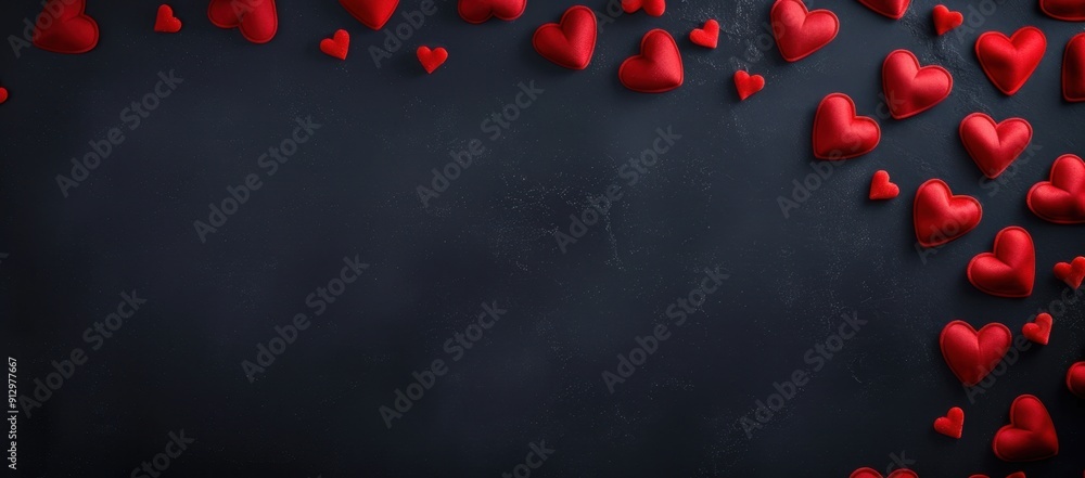 Poster a valentine's day background with red hearts on the top and bottom of an empty black space generativ