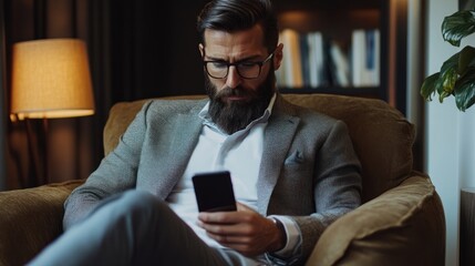Businessman using a smartphone while sitting in a chair