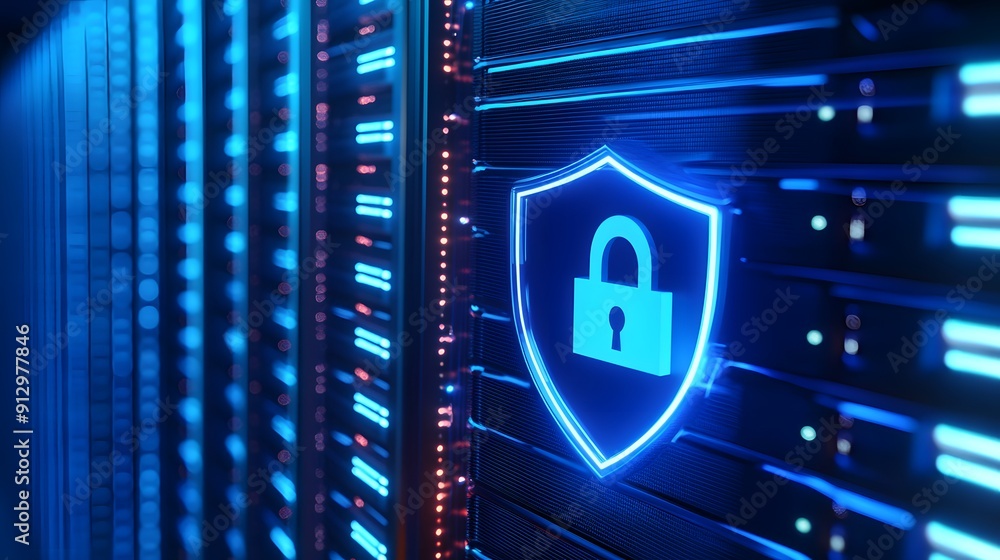 Poster data security concept with a glowing lock icon in a server room. secure data storage and antivirus p
