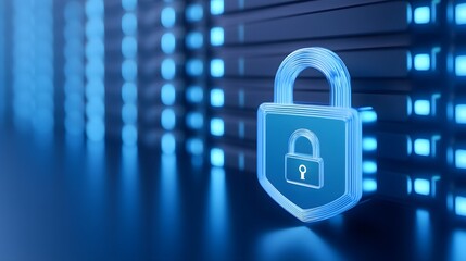 Data security concept with a digital padlock overlaying server racks. Protecting sensitive information through advanced encryption technology.