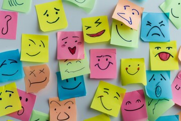 A bunch of colorful sticky notes with various facial expressions on them. Scene is cheerful and lighthearted