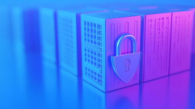 Data security concept with a metallic padlock securing server racks bathed in blue and purple light for cybersecurity and protection themes.