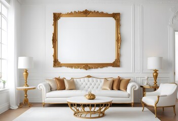 Fototapeta premium A modern living room with a large gray sectional sofa, a wooden framed wall art, and potted plants